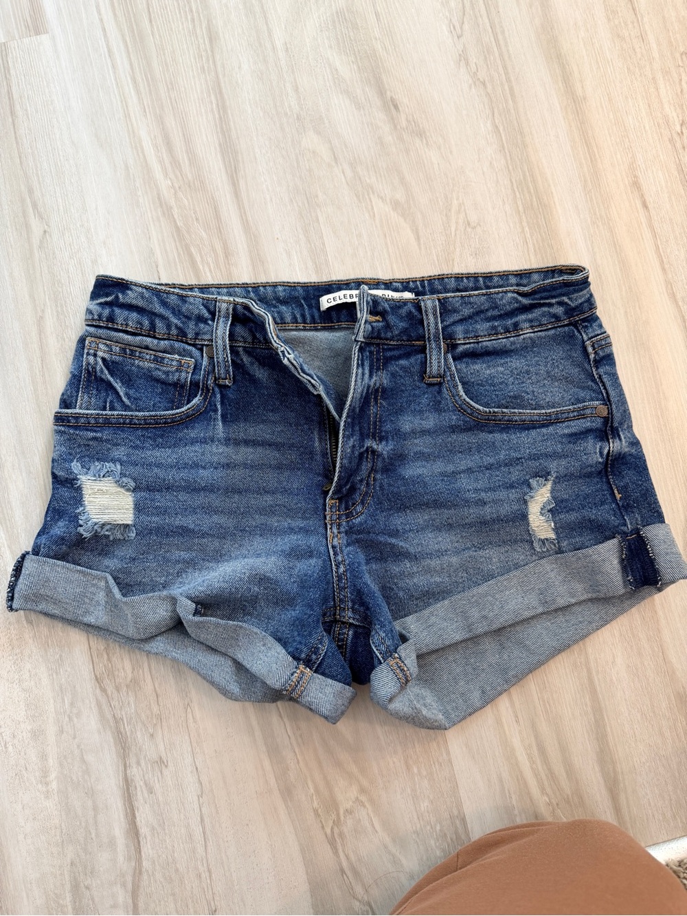 Celebrity Pink Dark Blue Rolled Hem Distressed Jean Shorts